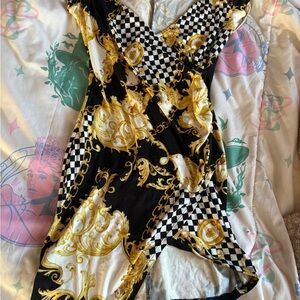 Black & Gold Baroque Print Wrap Dress